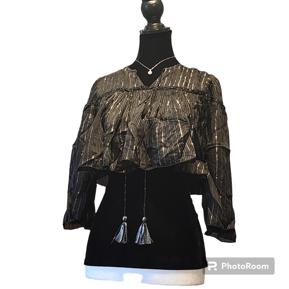 NSR Boho Black Silver Metallic Flowy Cropped Top Blouse